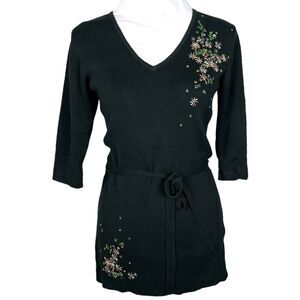 KAREN LESSLY Black Embroidered Sequined Beaded Sz S Belted V Neck Tunic Sweater